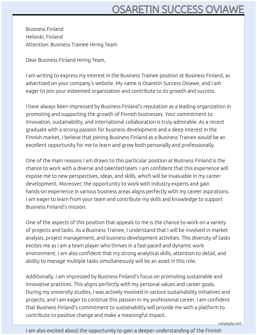 Business Trainee At Business Finland Cover Letter