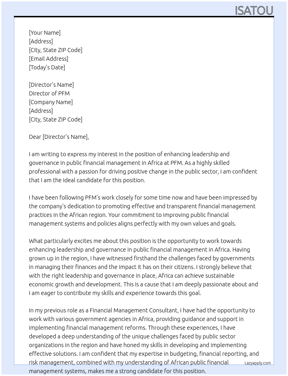 enhancing leadership and governance in public financial management in Africa  At PFM Cover Letter