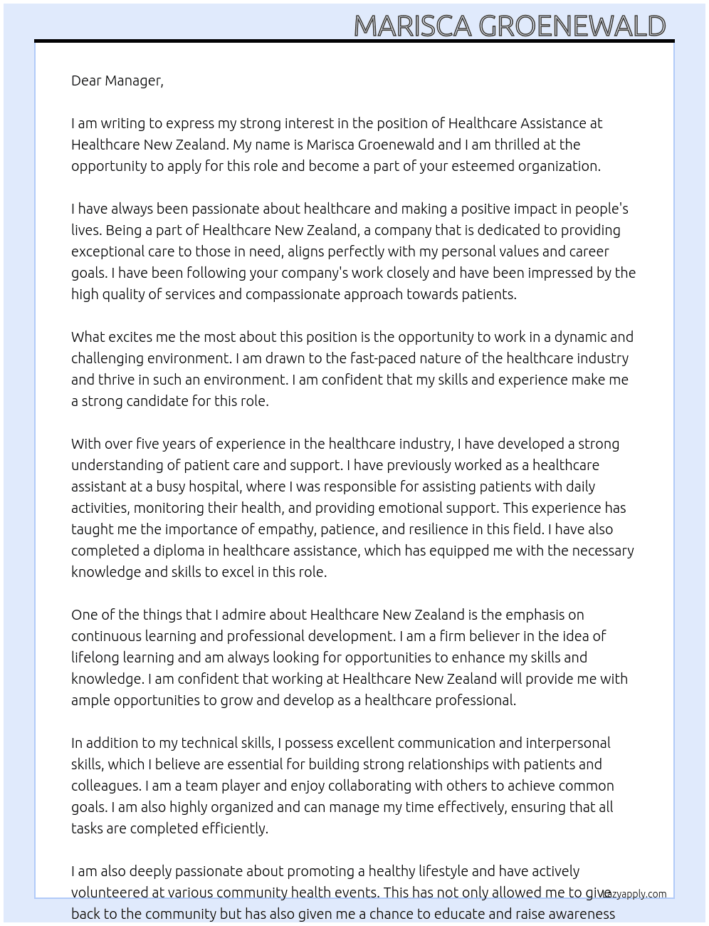 Healthcare assistance  At Healthcare new zealand  Cover Letter