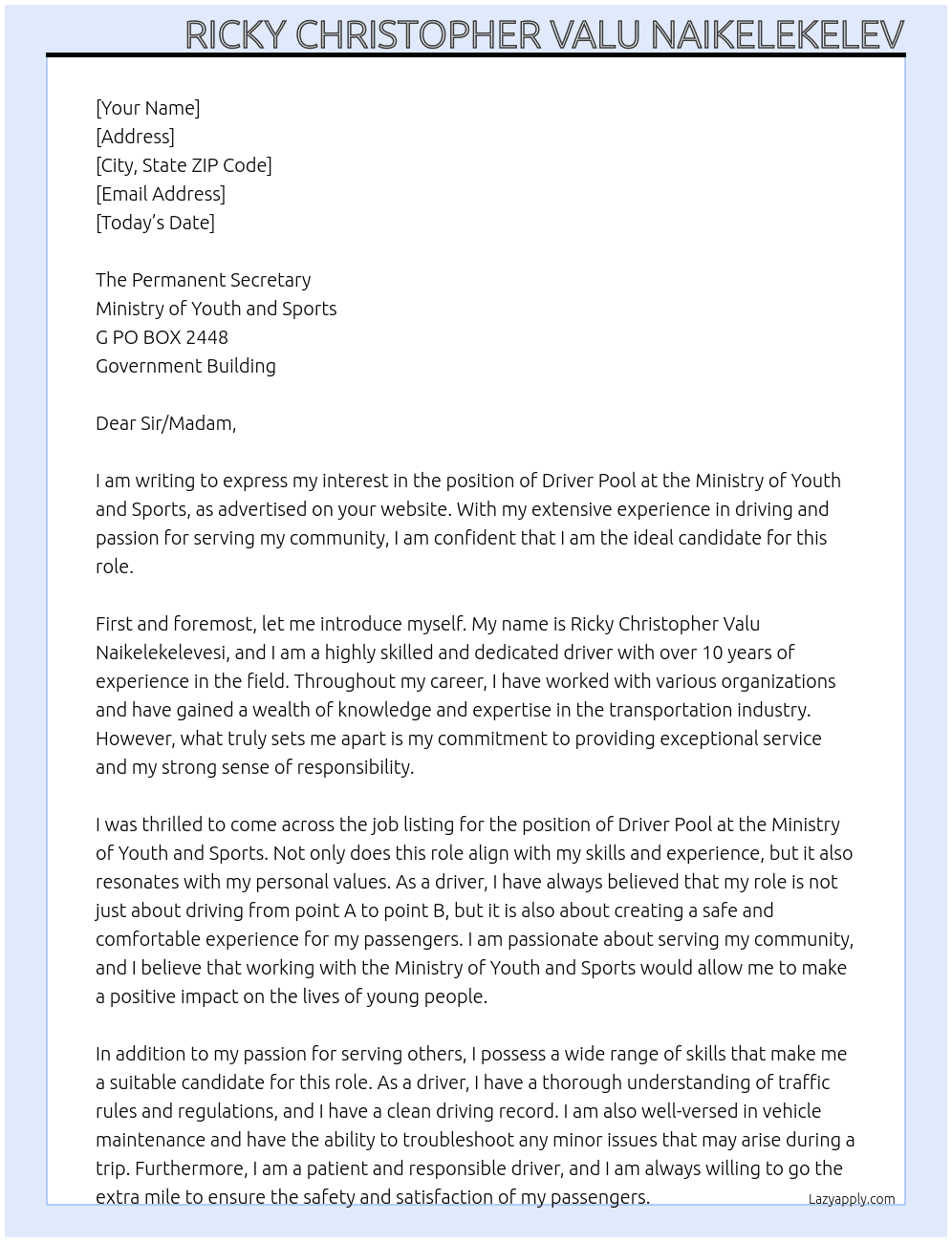 DRIVER POOL At MINISTRY OF YOUTH AND SPORTS Cover Letter