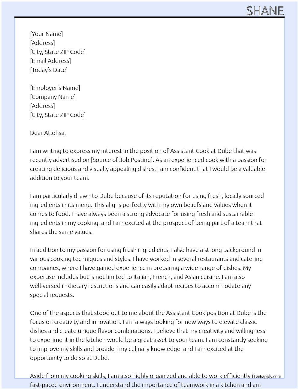 Assistant Cook At Dube Cover Letter