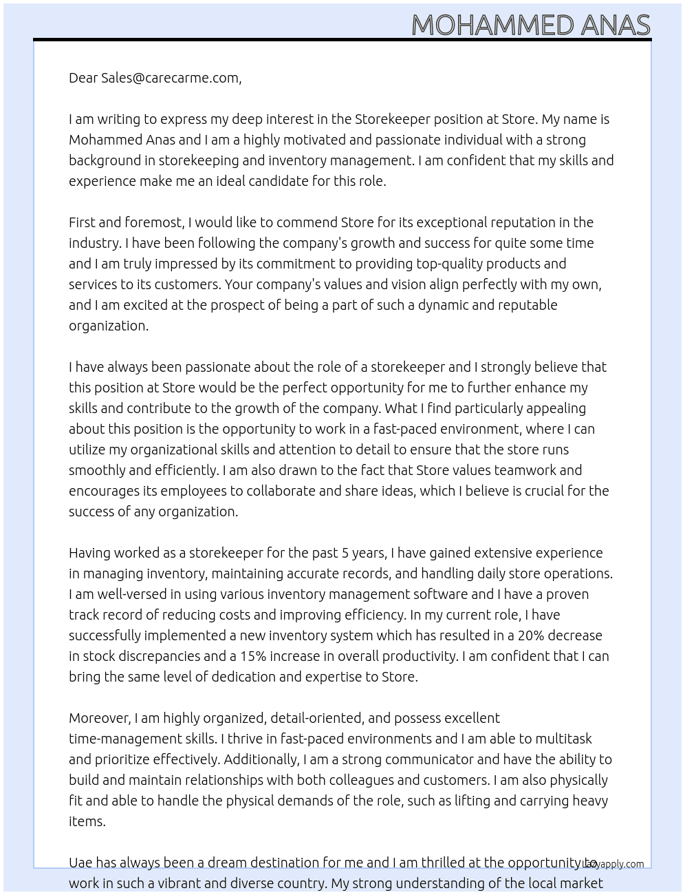 Storekeeper At Store  Cover Letter