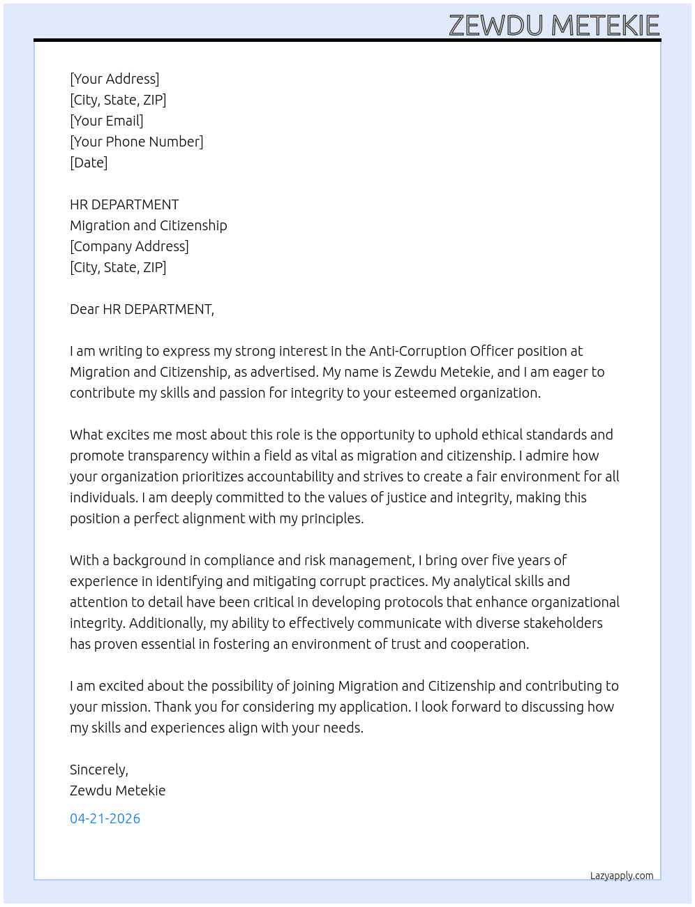anti-coraption  officer At migration and citizenship Cover Letter