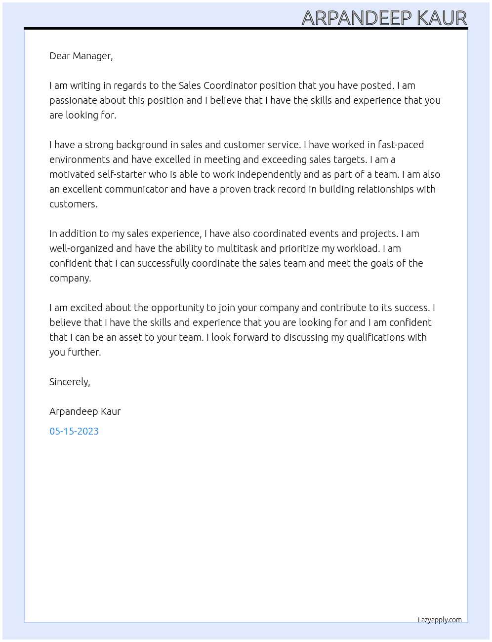 sales coordinator At ... Cover Letter