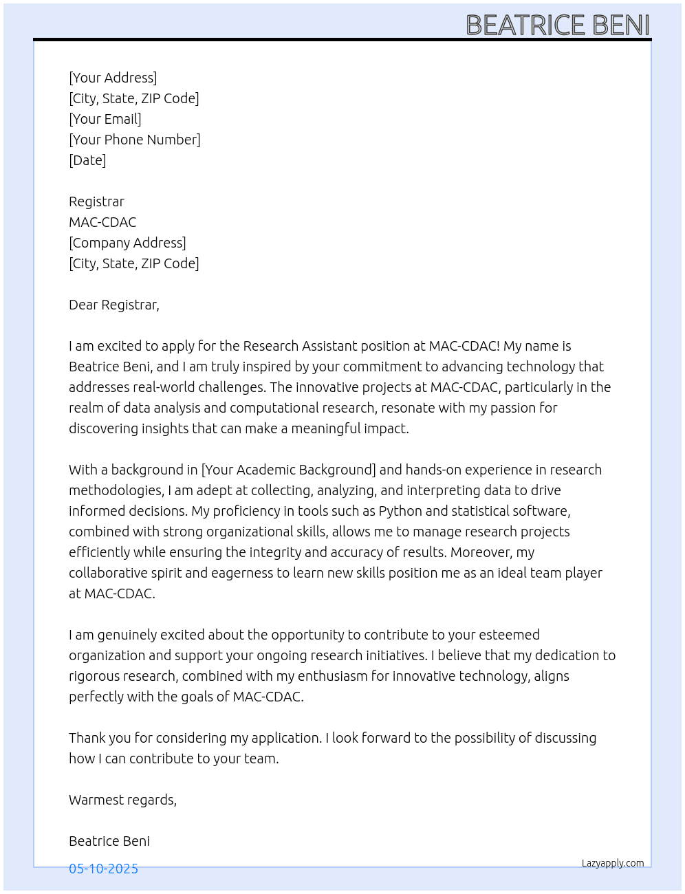 Research assistant  At MAC-CDAC Cover Letter
