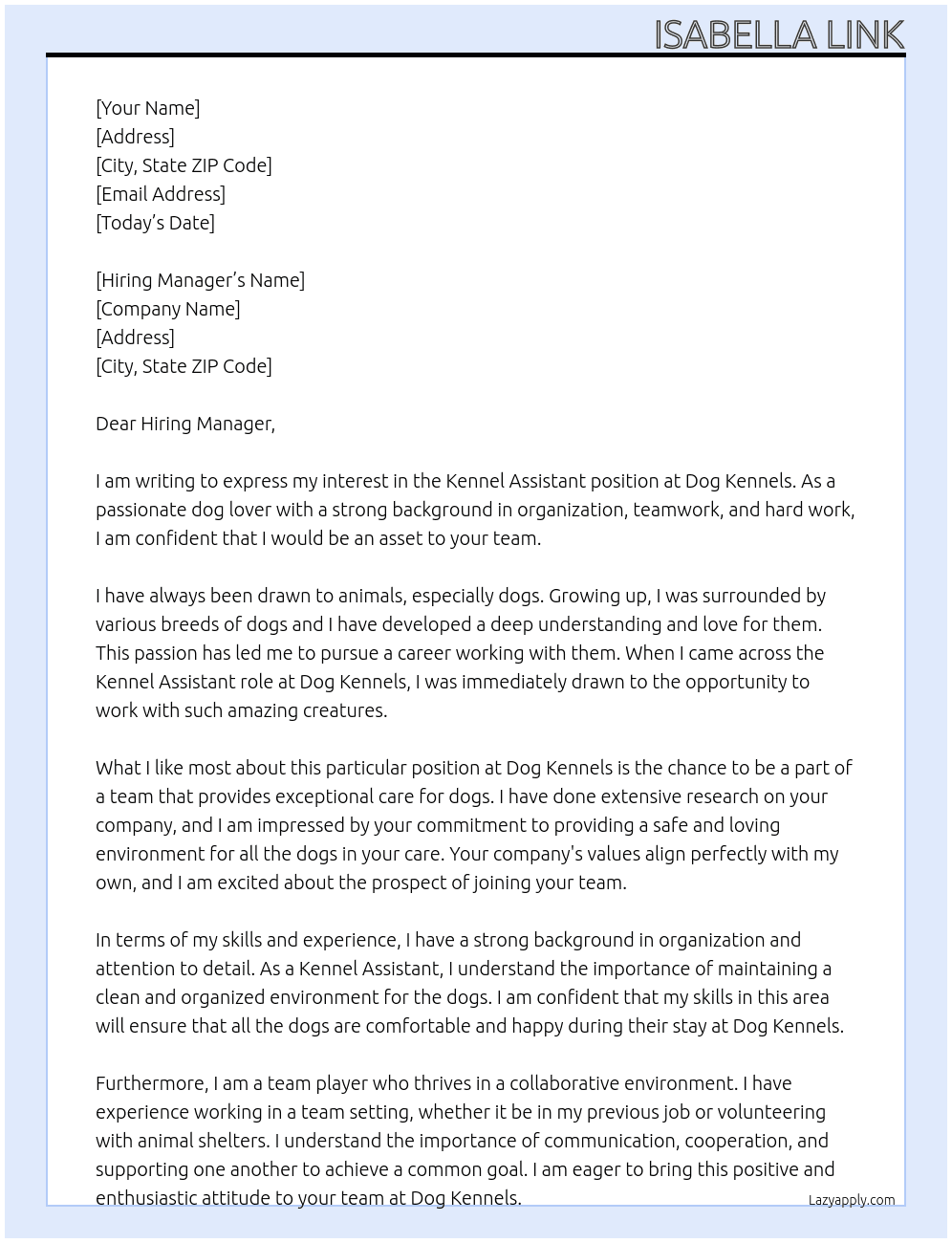 Kennel Assistant  At Dog kennels Cover Letter