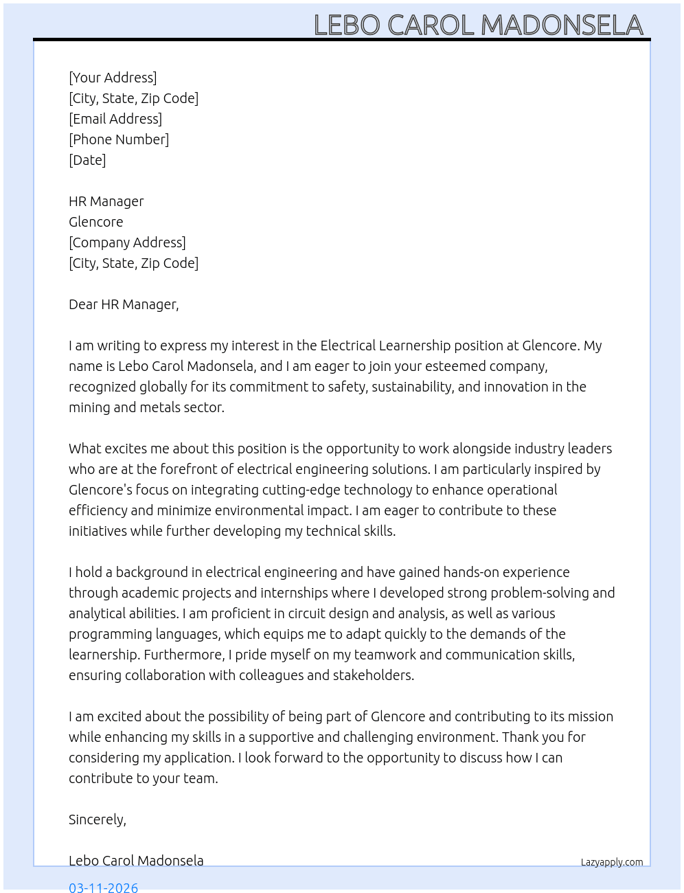Electrical Learnership  At Glencore Cover Letter