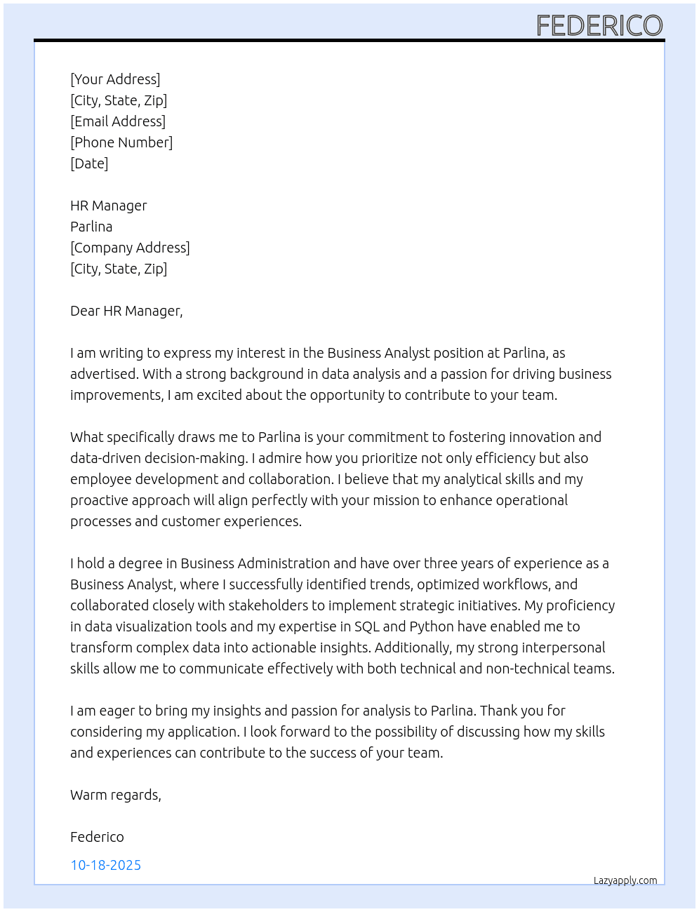 Business Analyst At Parlina Cover Letter