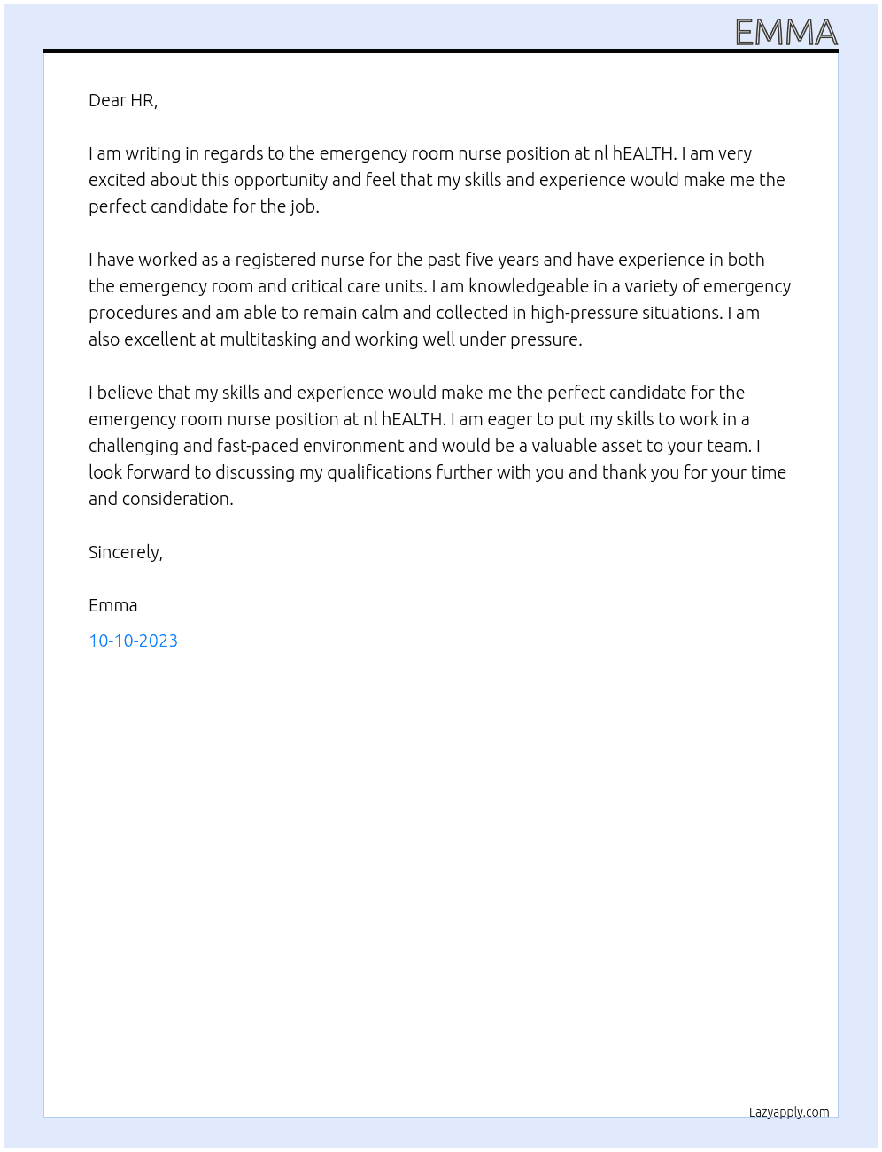 emergency room Nurse At nl hEALTH Cover Letter