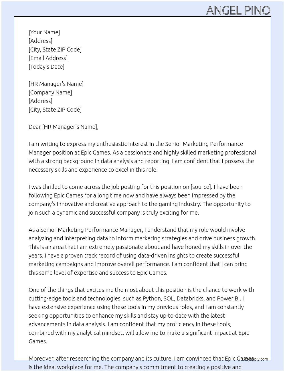 Senior Marketing Performance Manager At Epic Games Cover Letter