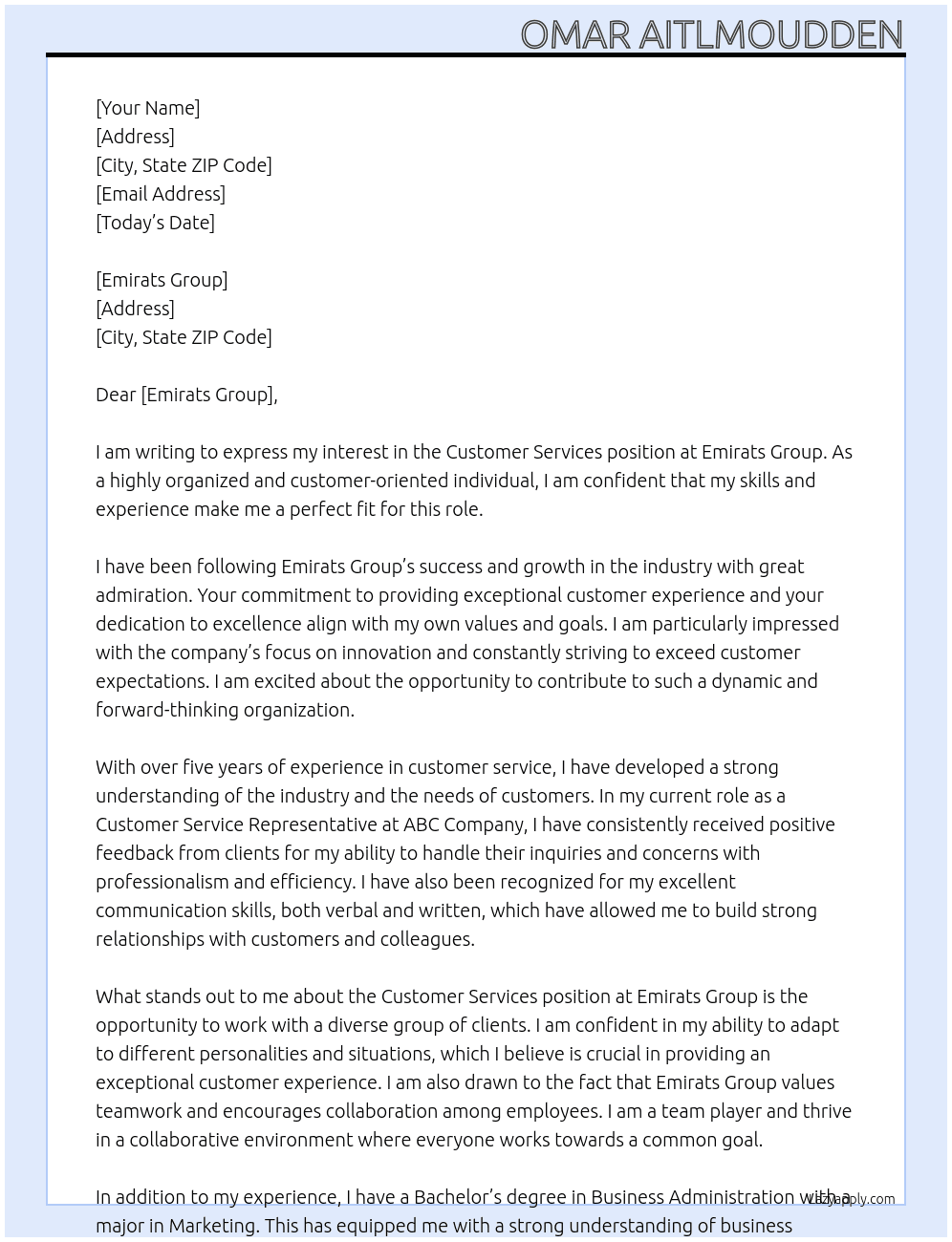 Customer services At emirats group Cover Letter