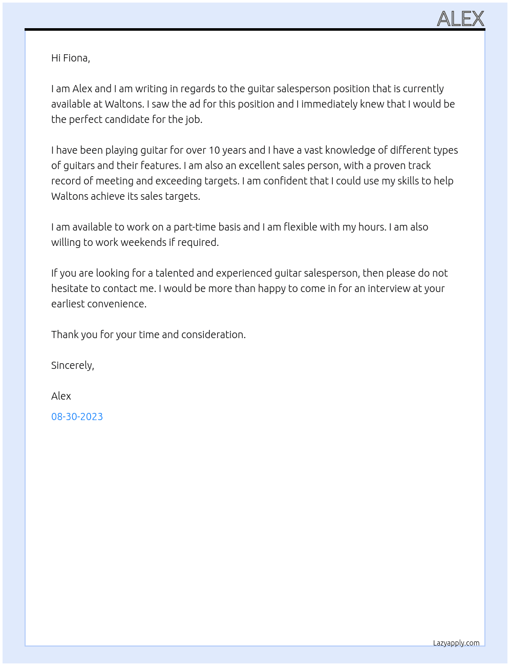 Guitar sales person At Waltons Cover Letter