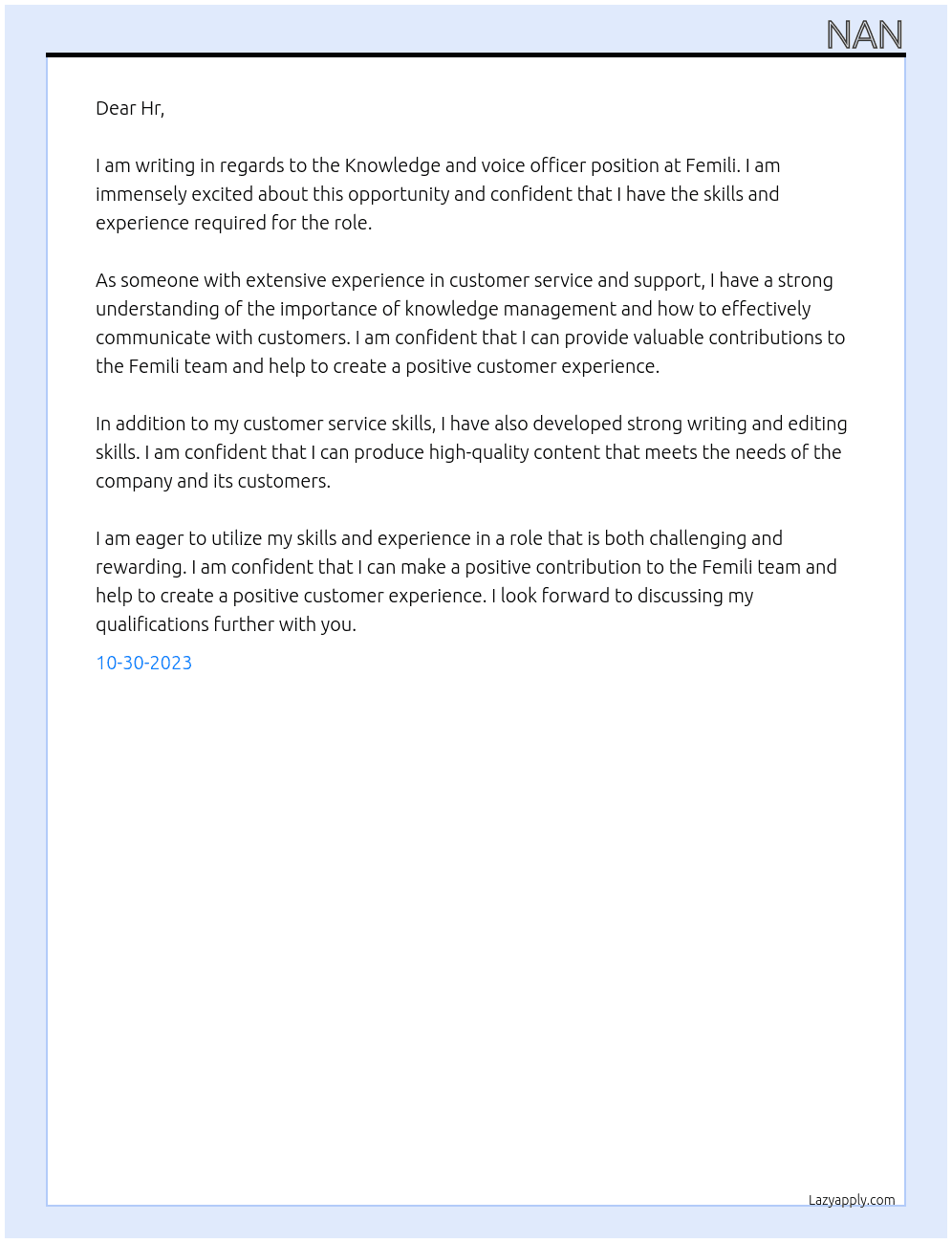 Knowledge and voice officer  At Femili Cover Letter