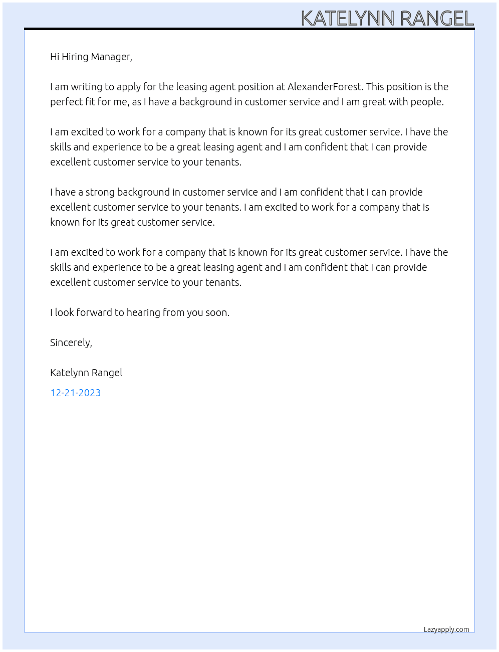 Leasing agent  At  AlexanderForest Cover Letter