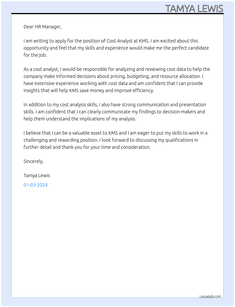 Cost Analyst At KMS Cover Letter