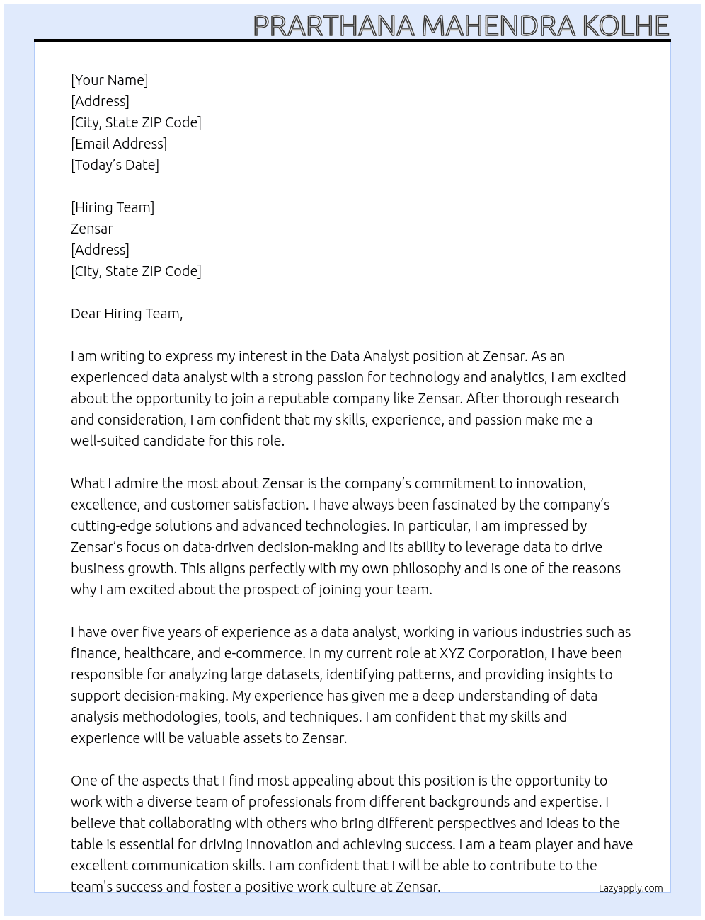 Data Analyst At Zensar Cover Letter