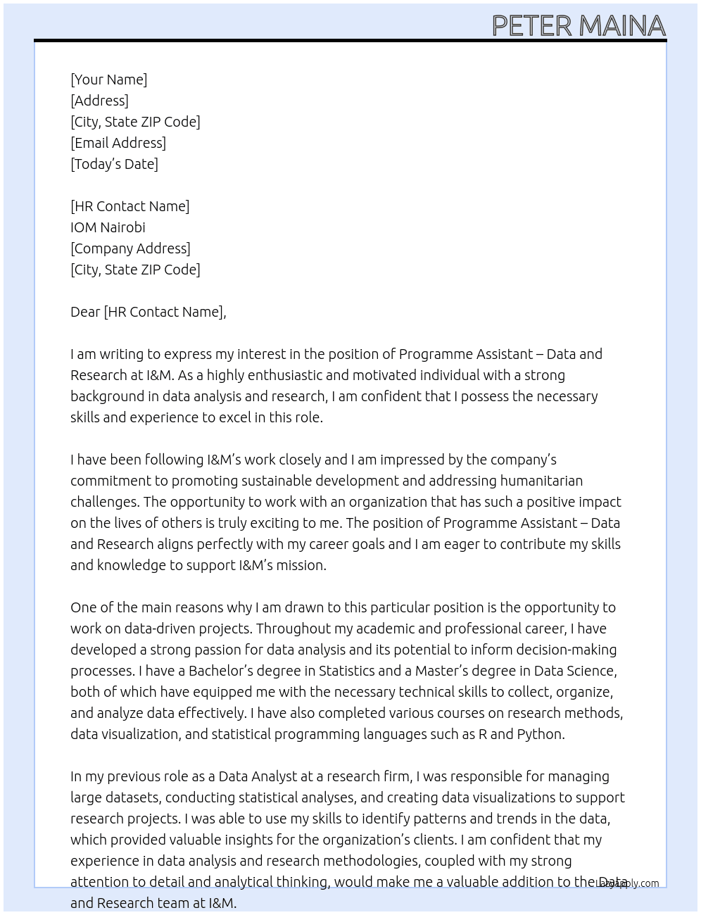 Programme Assistant – Data and Research At i&m Cover Letter