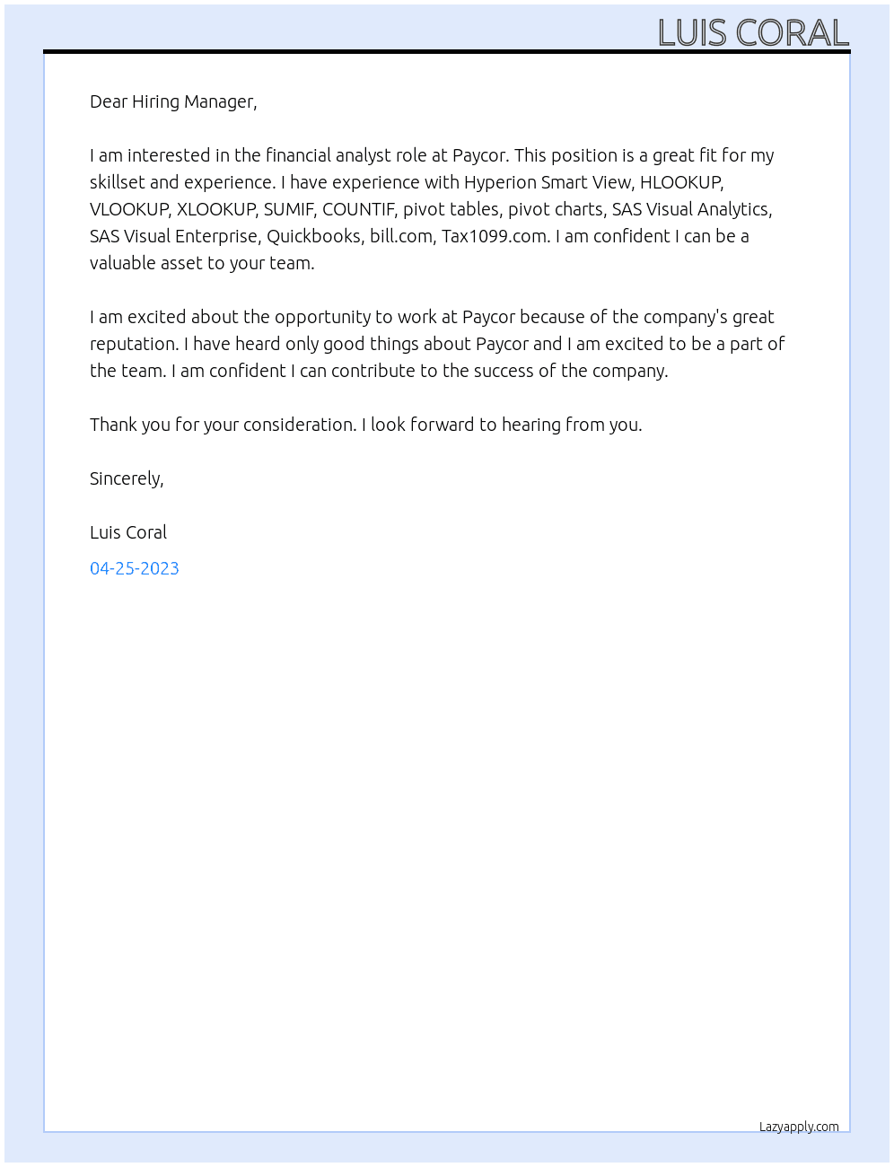 Financial Analyst At Paycor Cover Letter