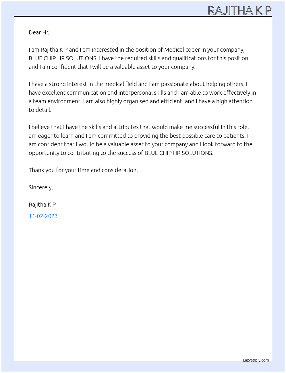 Medical coder At BLUE CHIP HR SOLUTIONS Cover Letter