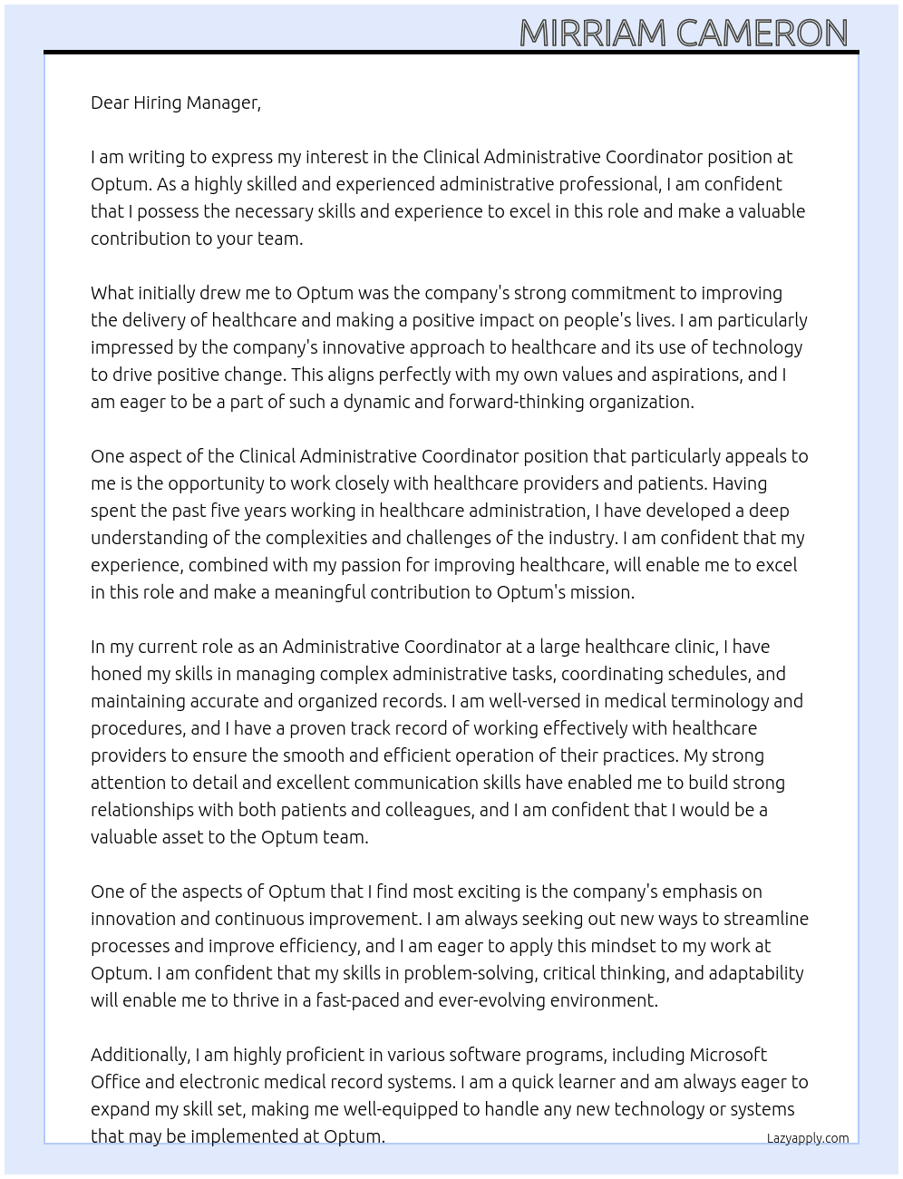 Clinical Administrative Coordinator At optum Cover Letter