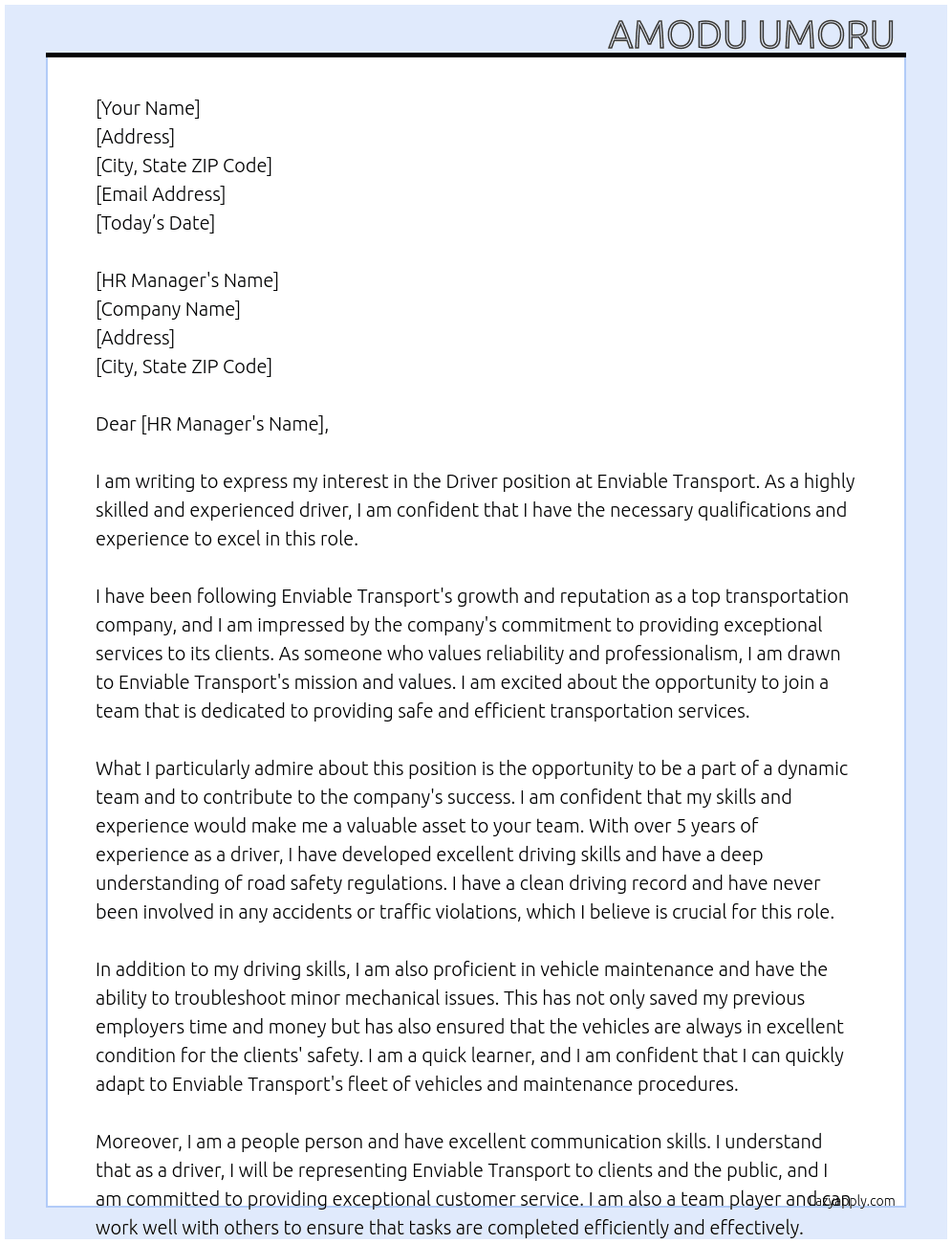 Driver  At Enviable Transport  Cover Letter
