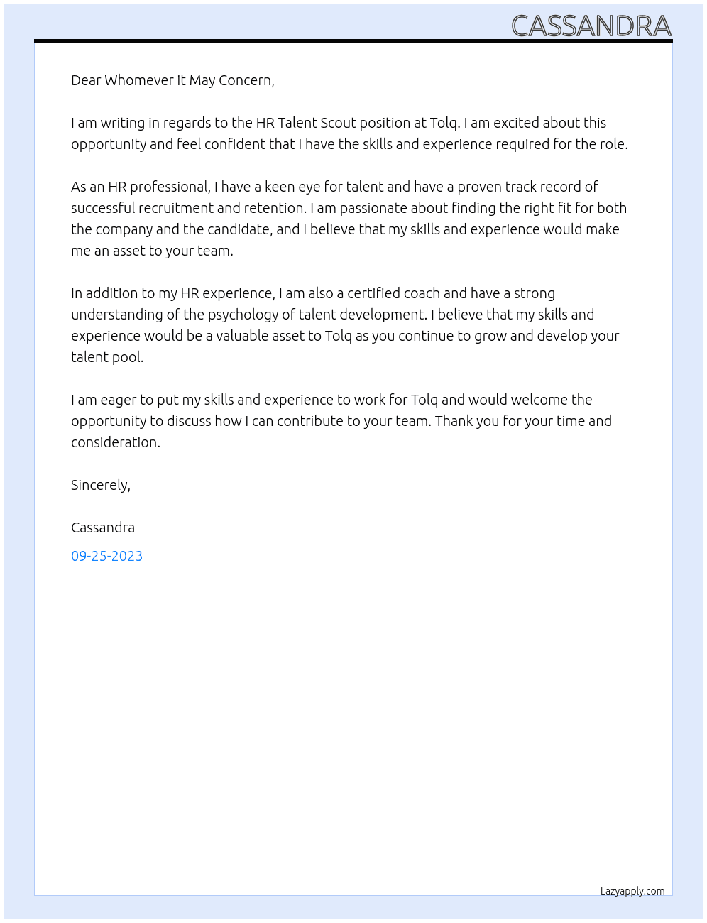 HR Talent Scout At Tolq Cover Letter