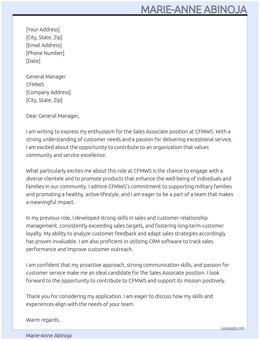 Sales Associate  At CFMWS Cover Letter