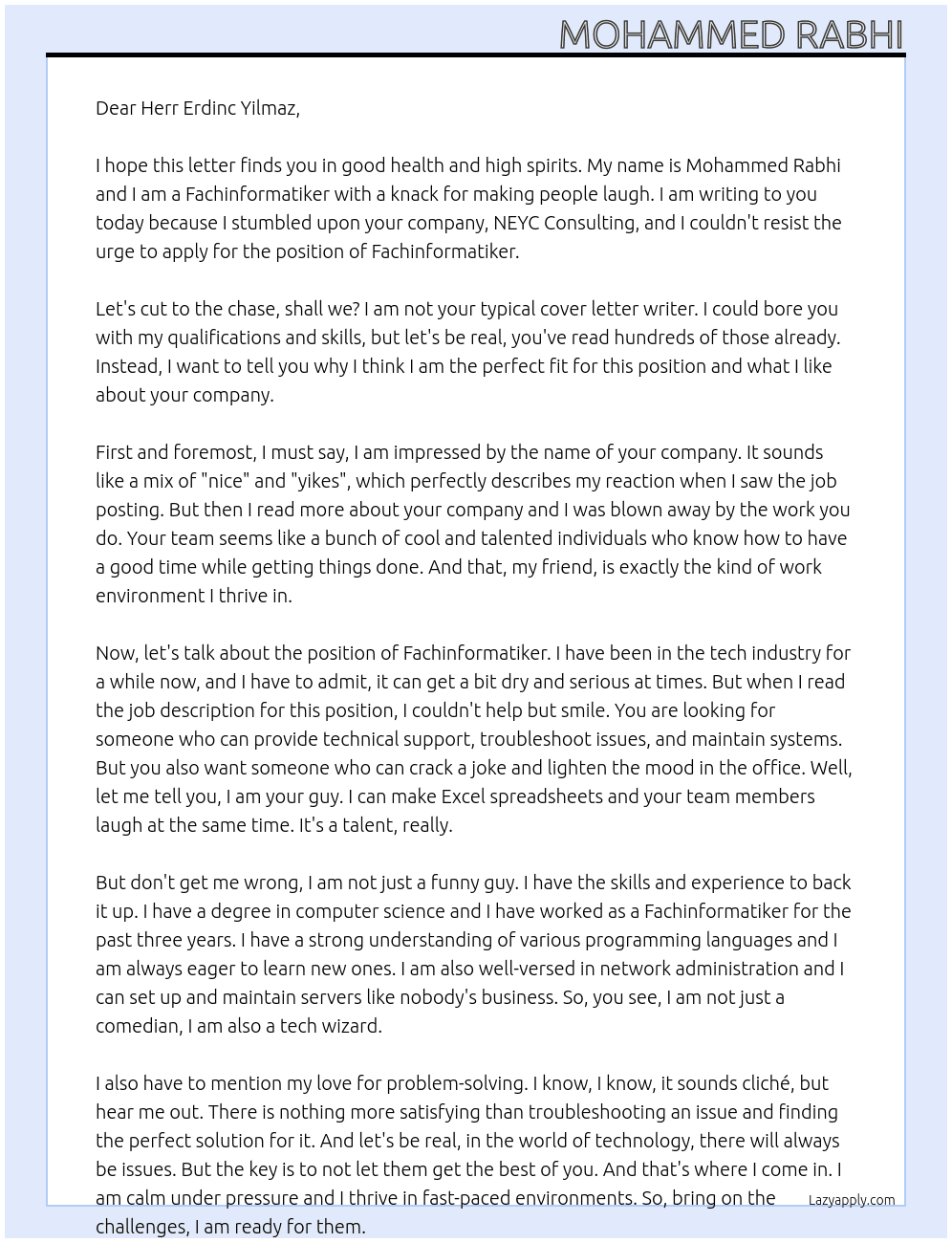 Fachinformatiker At NEYC Consulting Cover Letter