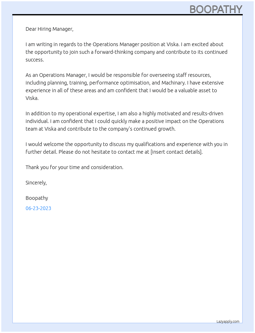 Operations Manager At Viska Cover Letter