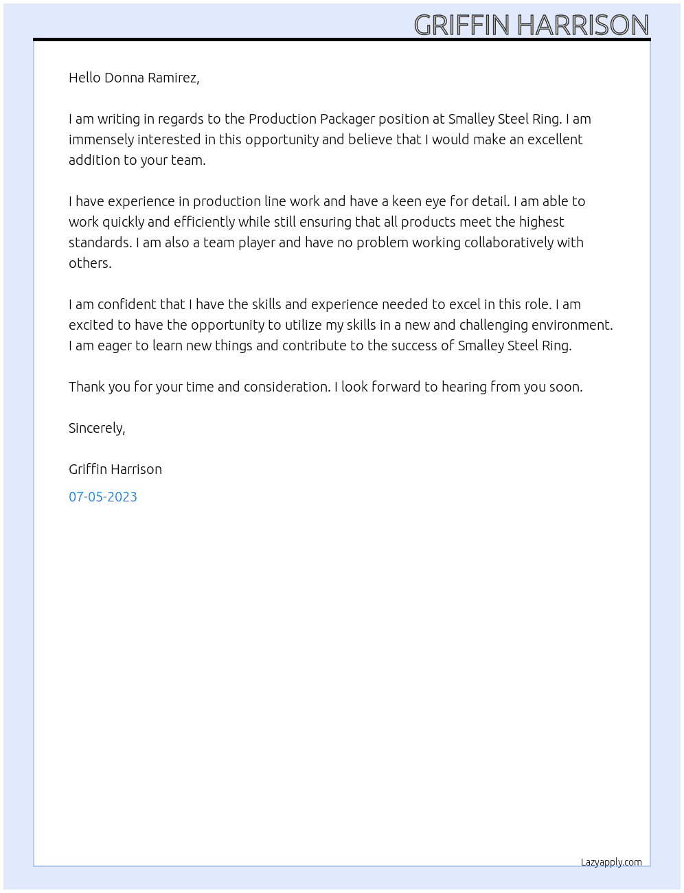 Production Packager At Smalley Steel Ring Cover Letter