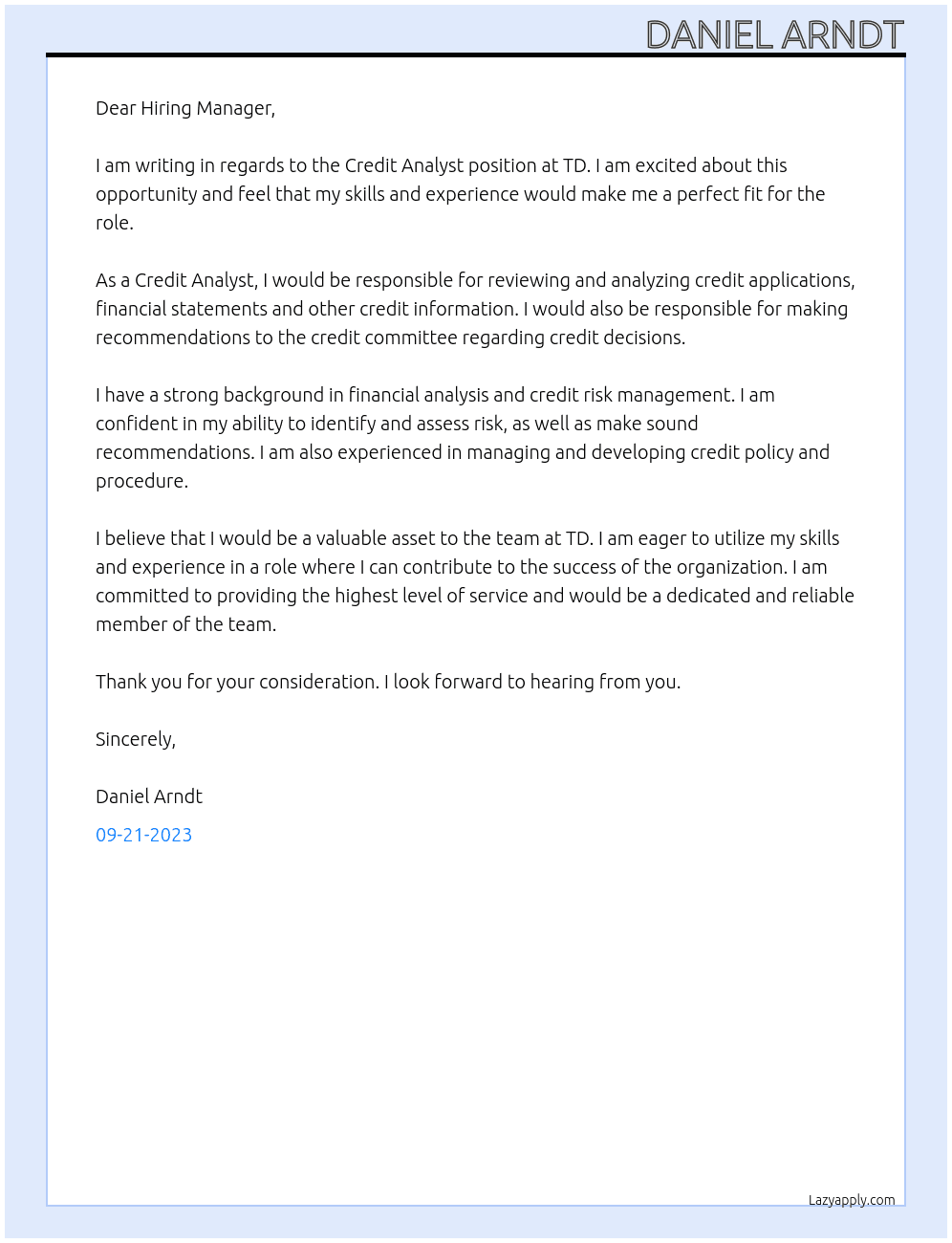 Credit Analyst At TD Cover Letter