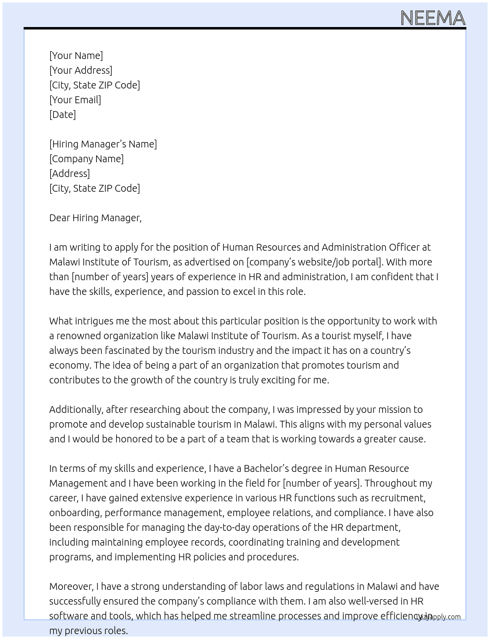 Human Resources and Administration Officer At Malawi Institute of Tourism Cover Letter
