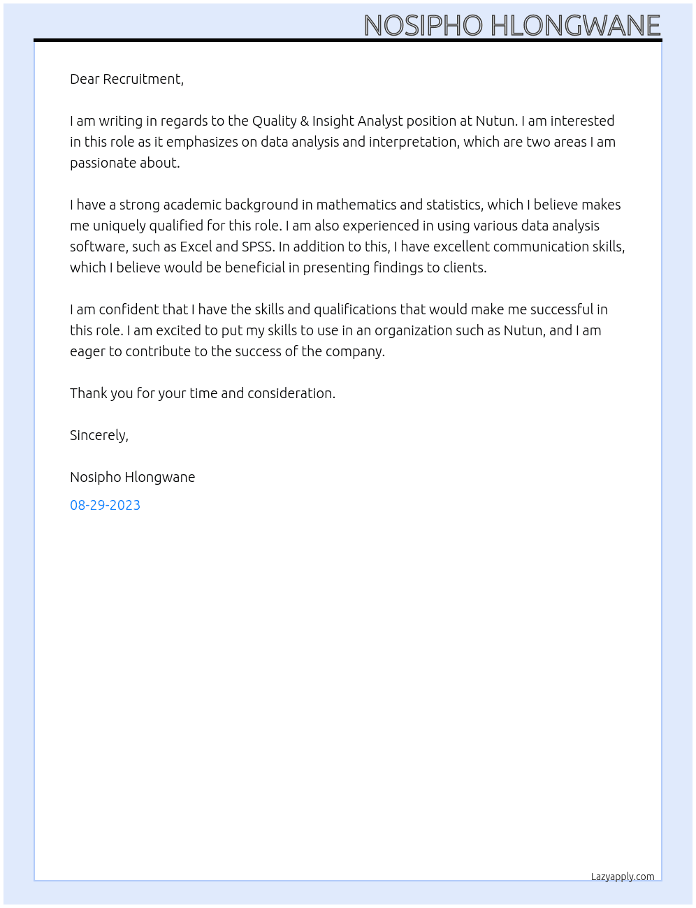 quality & insight analysist At Nutun Cover Letter