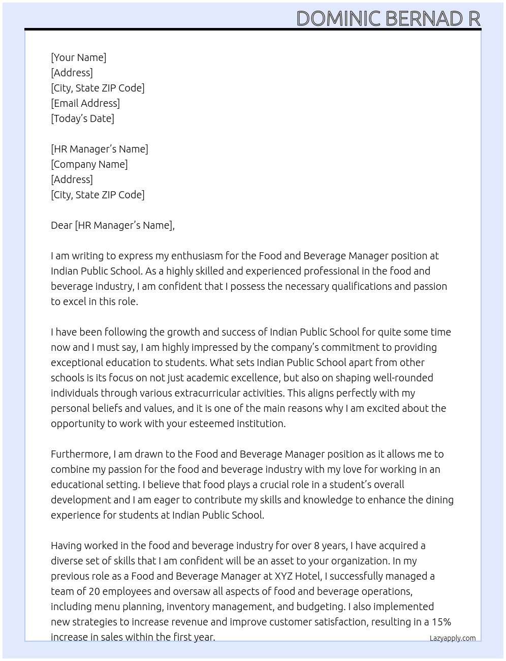food and beverage manager At Indian Public School Cover Letter
