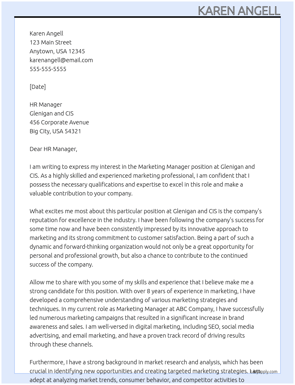Marketing Manager At Glenigan and CIS Cover Letter