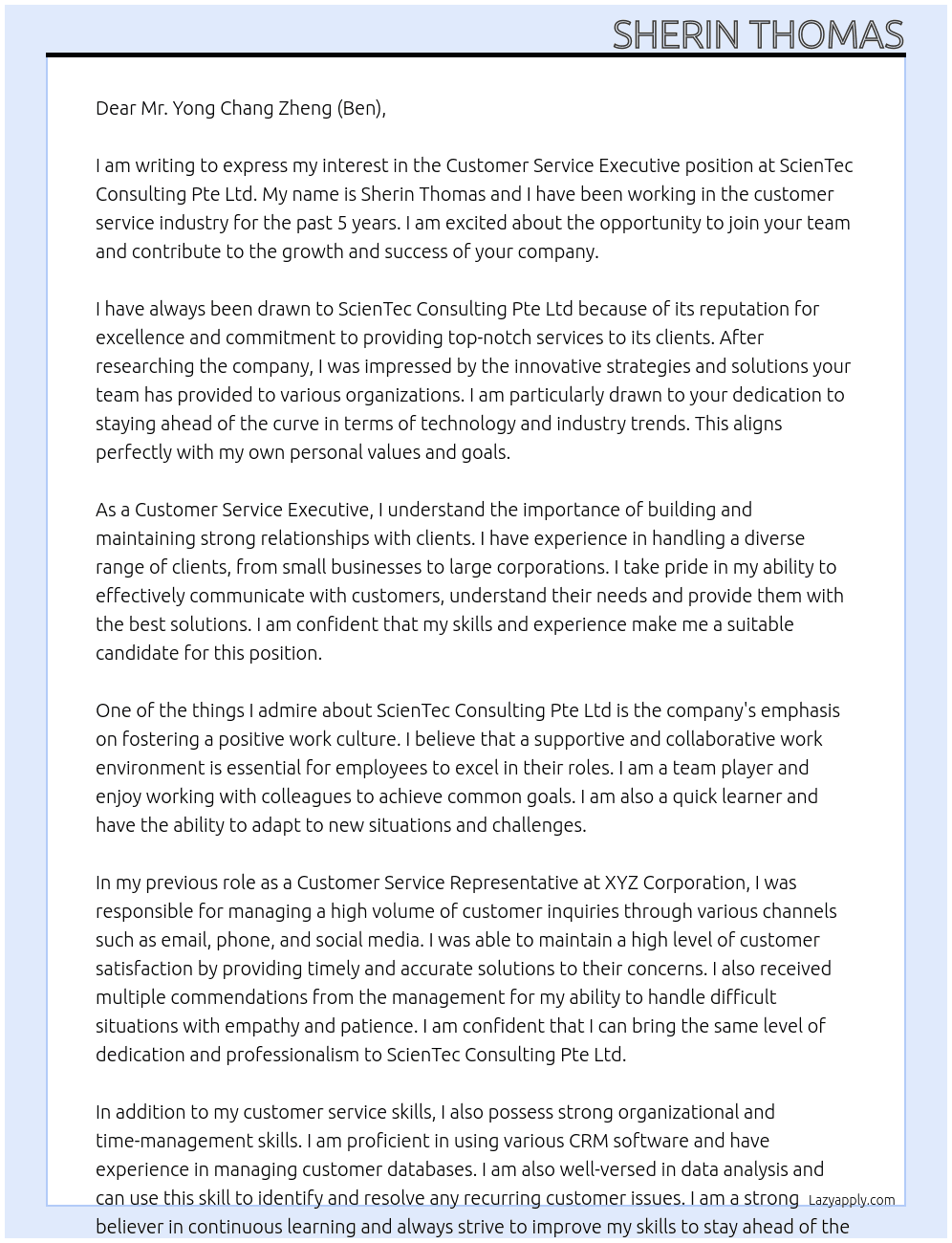 Customer Service Executive At ScienTec Consulting Pte Ltd Cover Letter
