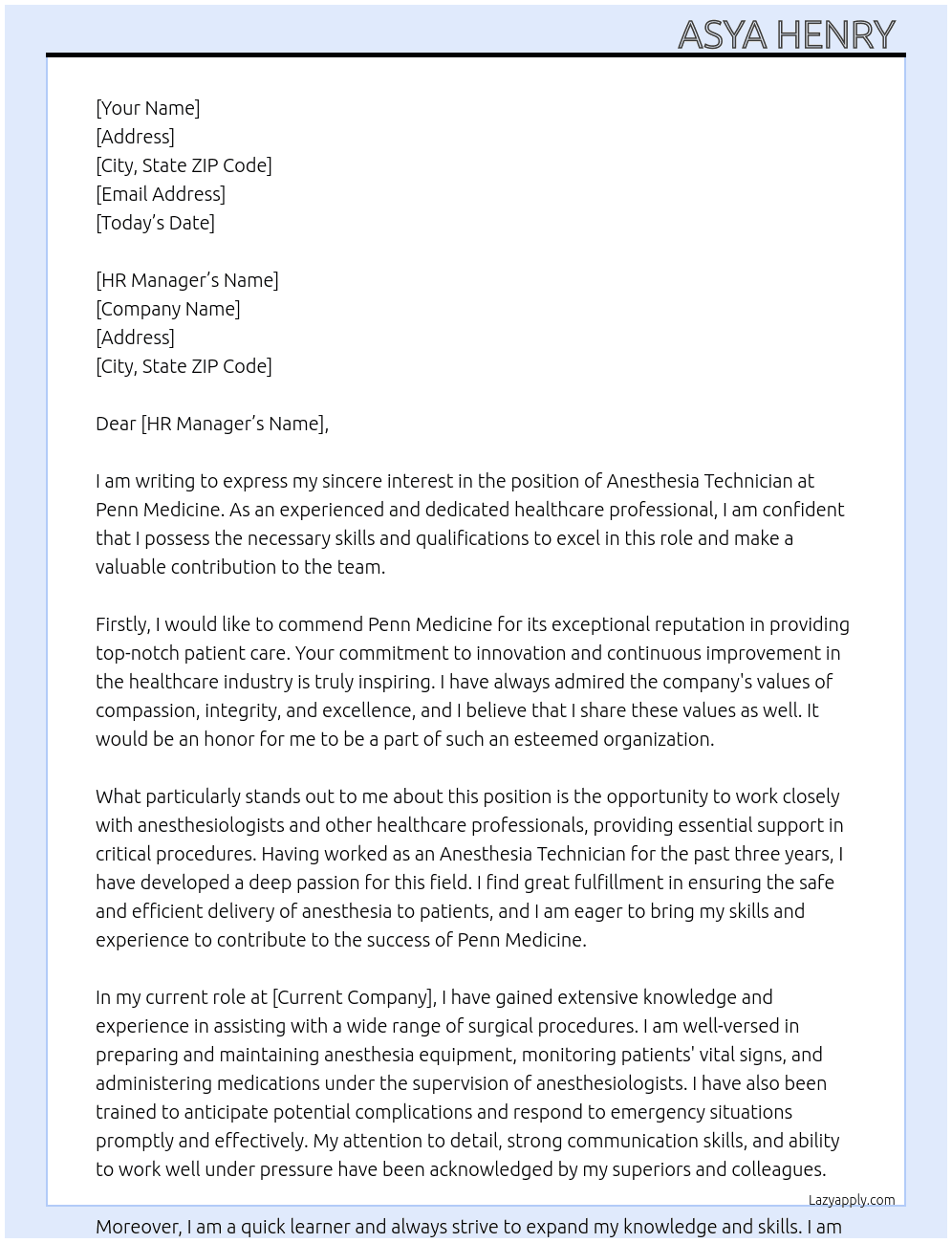 Anesthesia technician At Penn medicine Cover Letter