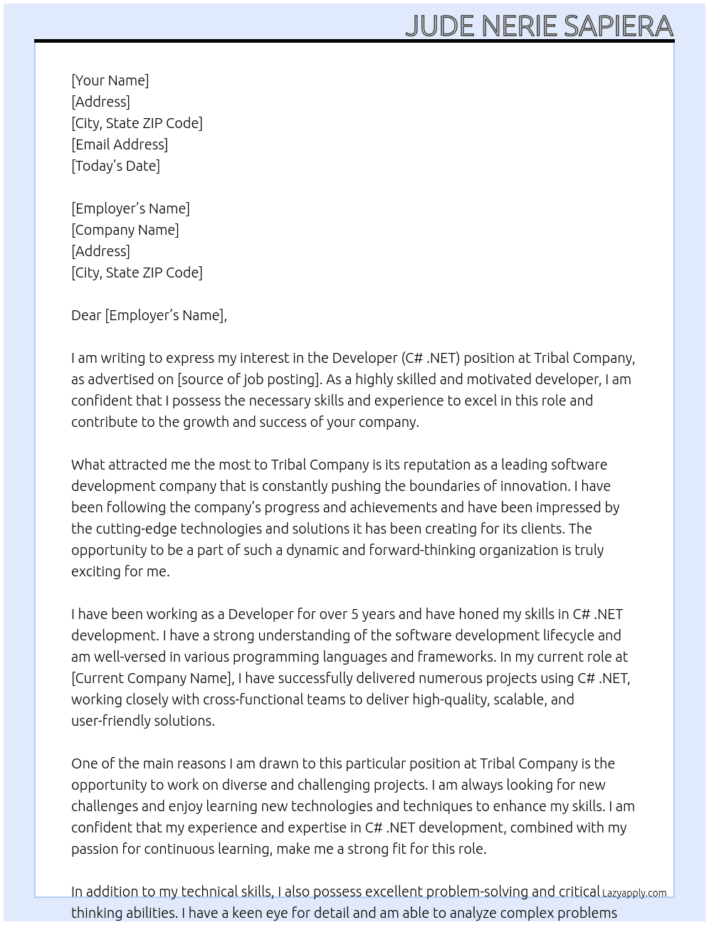 Developer (C# .NET) At Tribal Company Cover Letter
