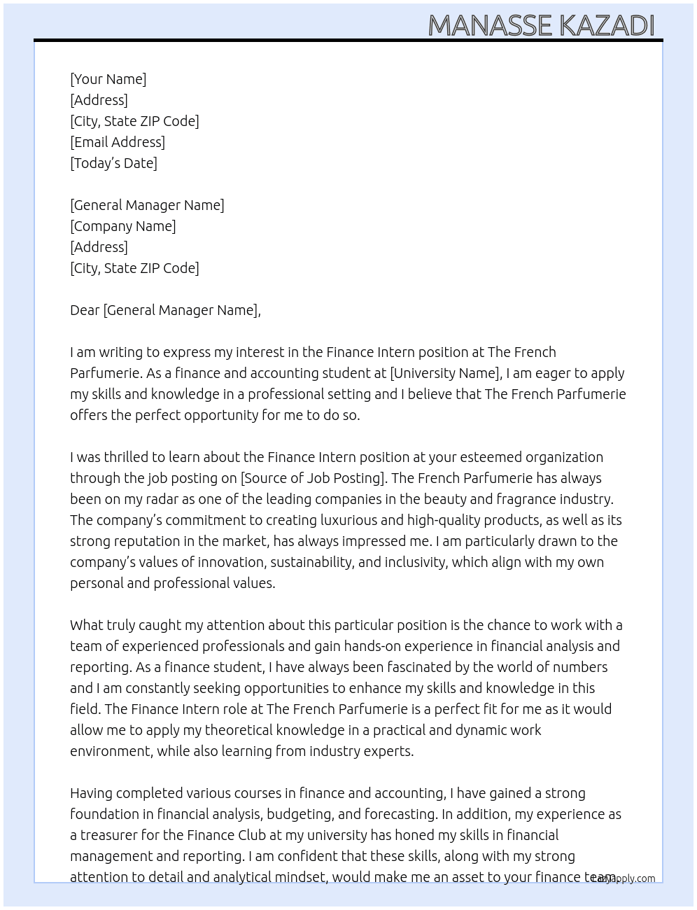 Finance intern  At The French Parfumerie Cover Letter