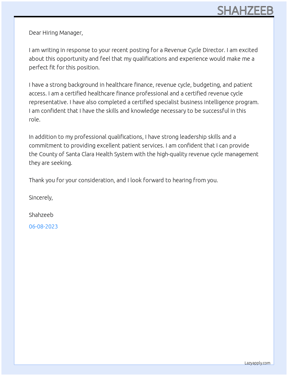 Revenue Cycle Director At County of Santa Clara Health System Cover Letter
