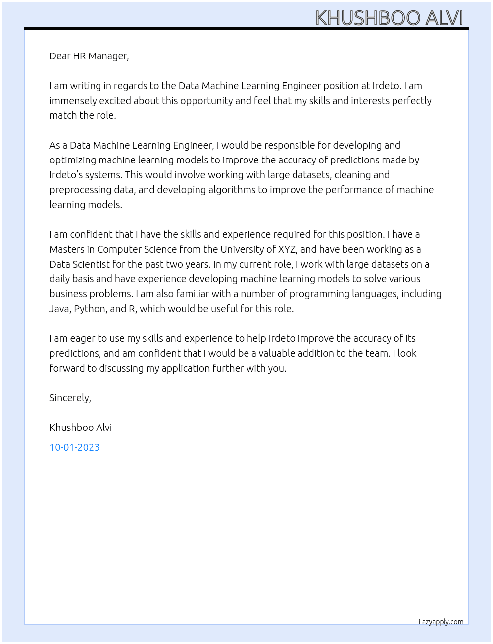 Data Machine Learning Engineer At Irdeto Cover Letter