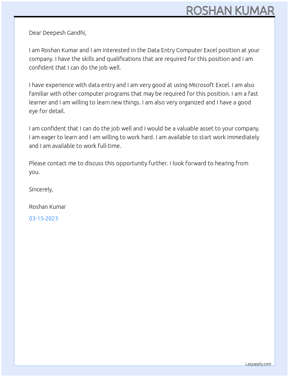 Data Entry Computer Excel At roshankumar20070111@gmail.com Cover Letter