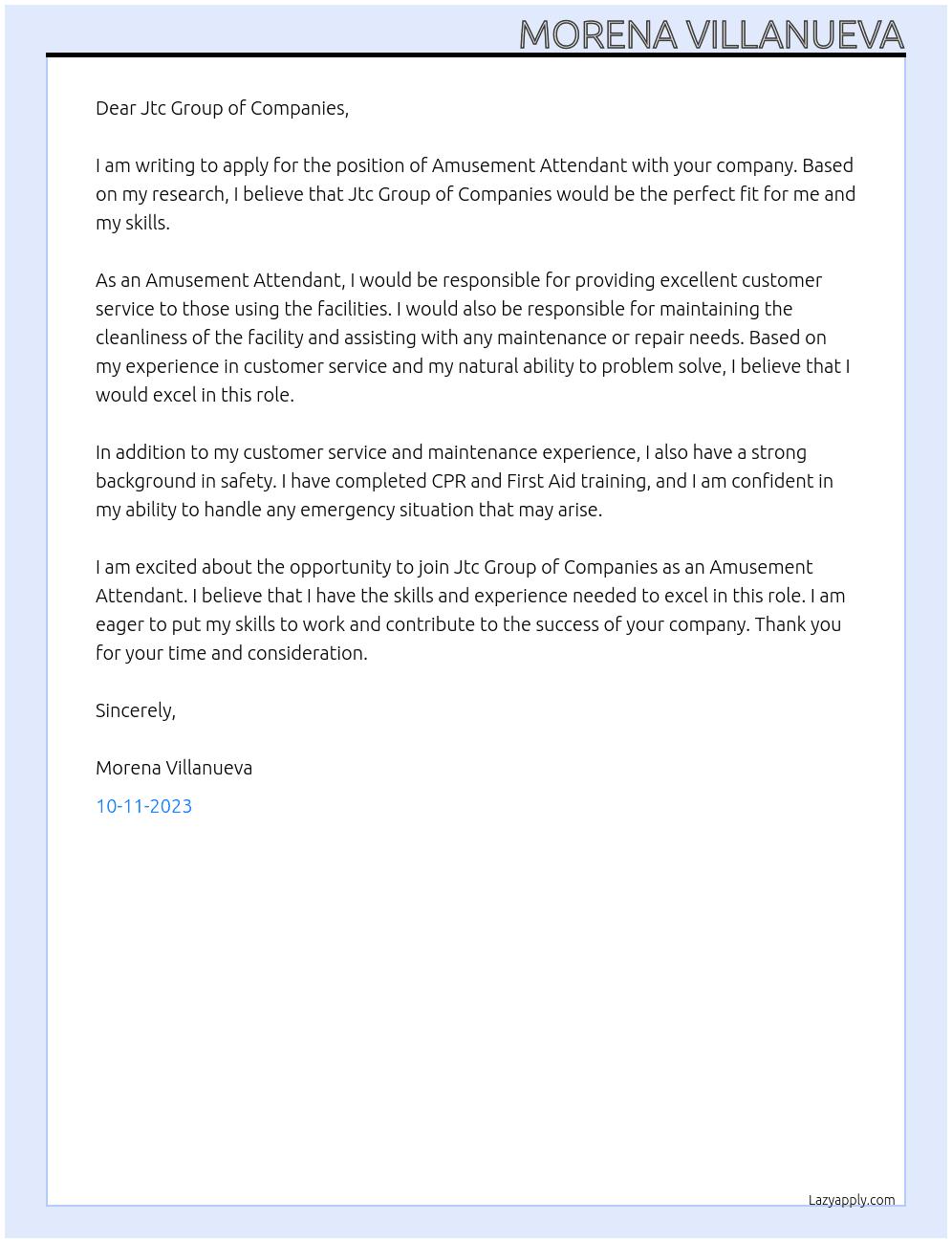 Amusement Attendant At Jtc Group of Companies  Cover Letter