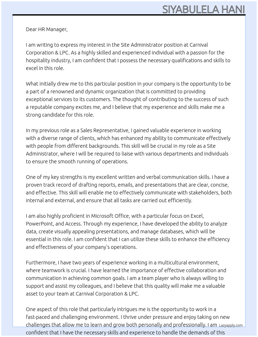 Site Administrator At Carnival Corporation & LPC Cover Letter