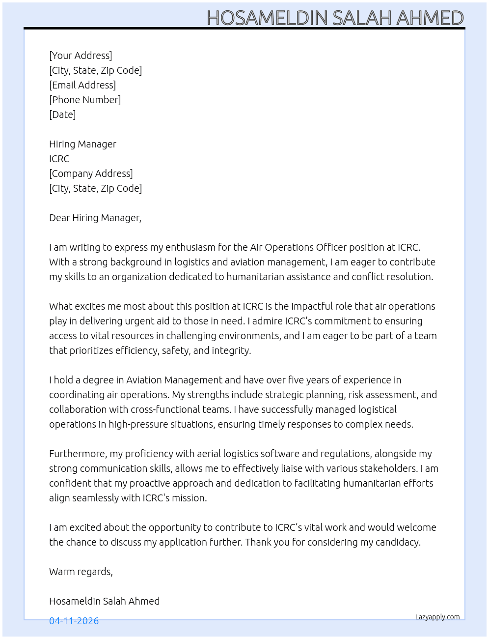 Air Operations Officer At ICRC Cover Letter