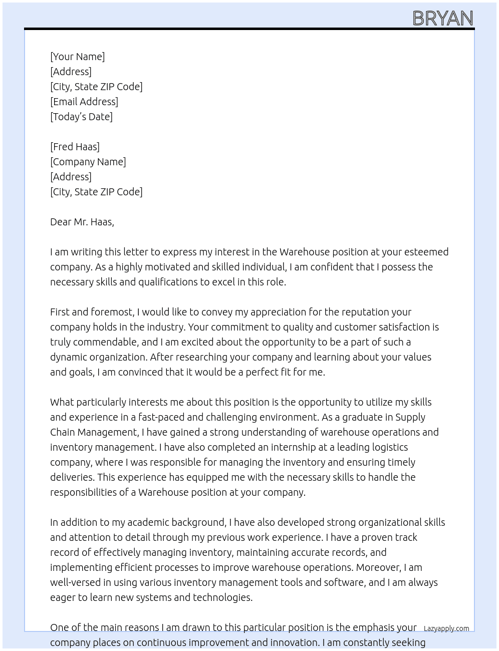 Warehouse At Fred Haas Cover Letter