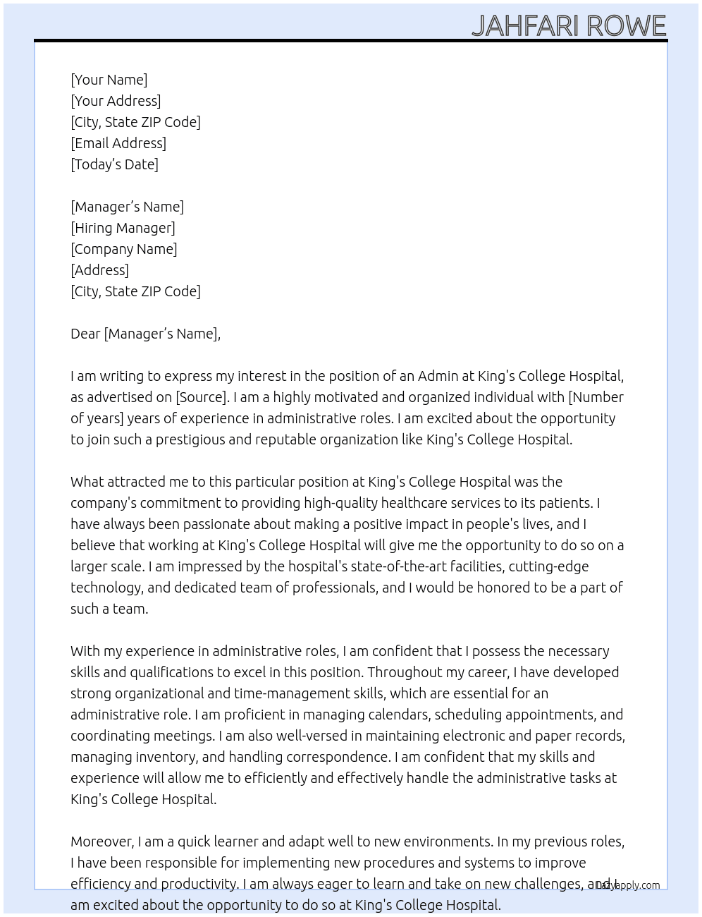 admin At King's College Hospital Cover Letter