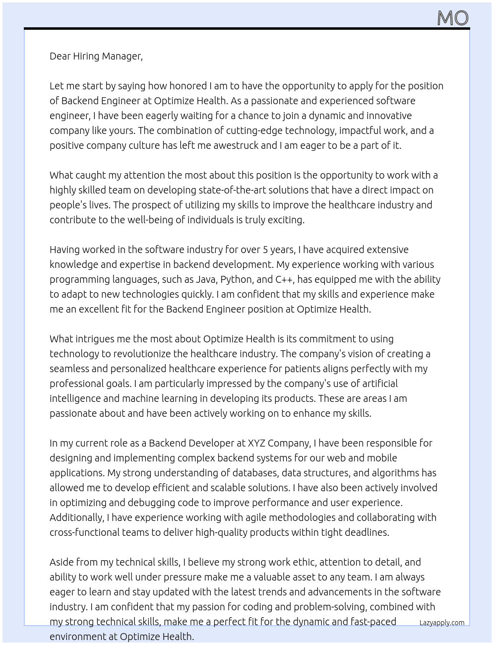 Backend Engineer At Optimize Health Cover Letter
