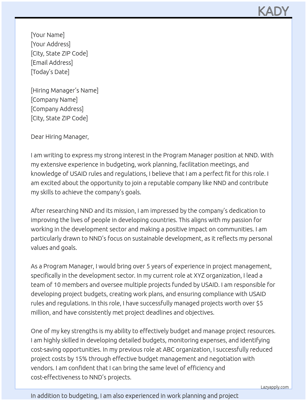 Program manager At NND Cover Letter