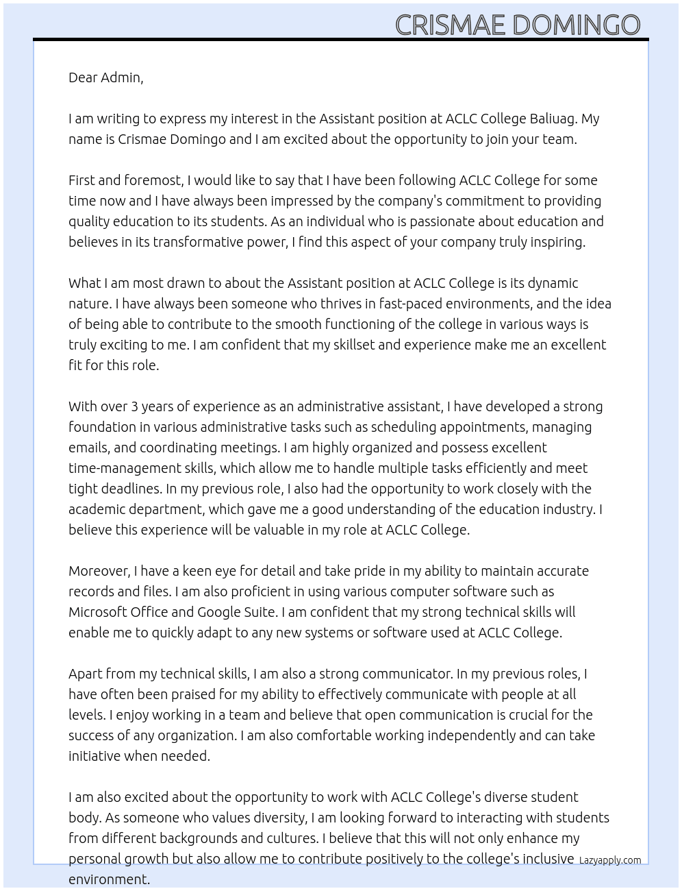 Assistant  At ACLC COLLEGE BALIUAG  Cover Letter